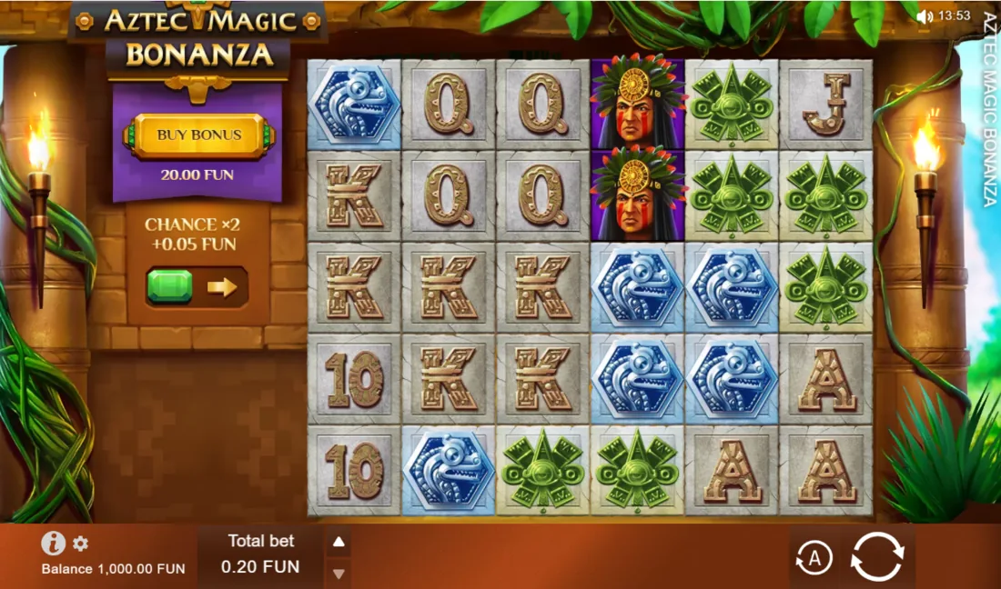 Aztec Magic Bonanza — скриншот слота BGaming: поле 6×5 в ацтекском стиле
