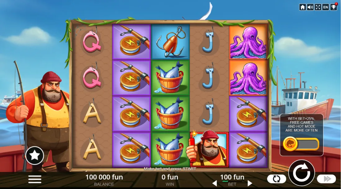 Blast the Bass — скриншот слота Belatra: море, рыбак и денежные рыбы Fish Coins на барабанах