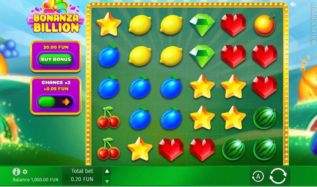 Bonanza Billion — скриншот слота BGaming: поле 6×5 с самоцветами и механикой scatter pays