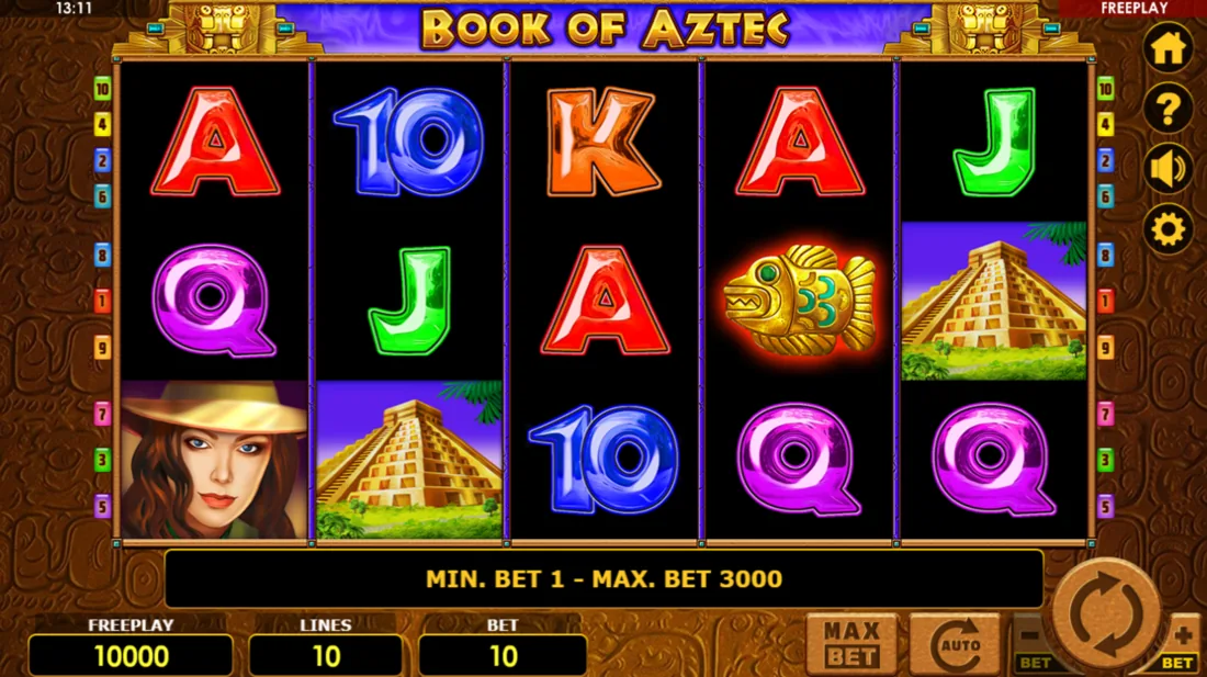 Book of Aztec — скриншот слота Amatic: поле 5×3 в ацтекском стиле