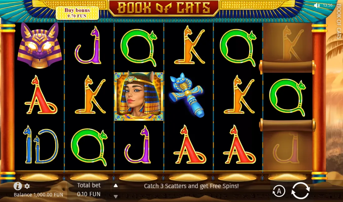 Book of Cats — скриншот слота BGaming: поле 5×3 с кошкой Бастет и золотой книгой