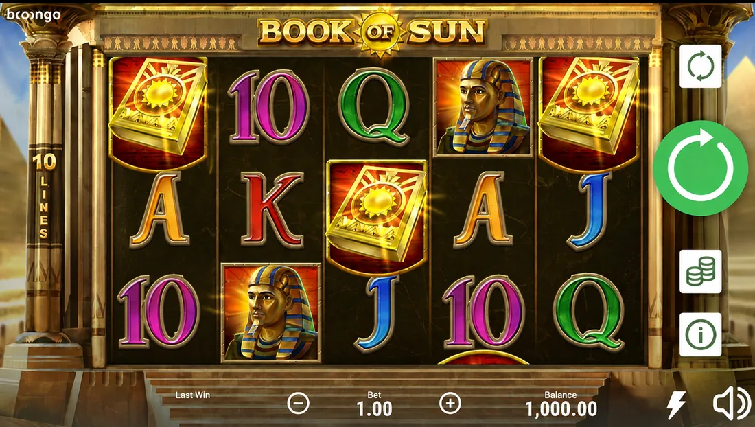 Book of Sun — скриншот слота 3 Oaks Gaming: поле 5×3 в египетском стиле с книгой-скаттером