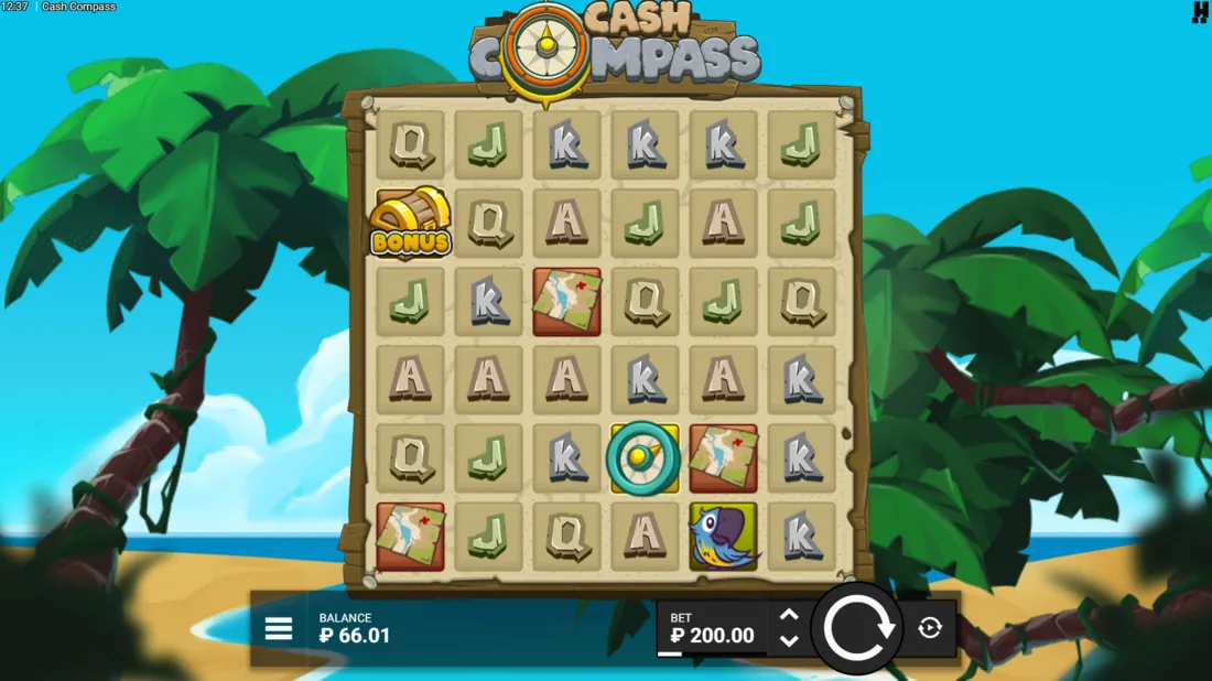 Cash Compass — скриншот слота Hacksaw: кластерное поле 6×6 в тропическом стиле