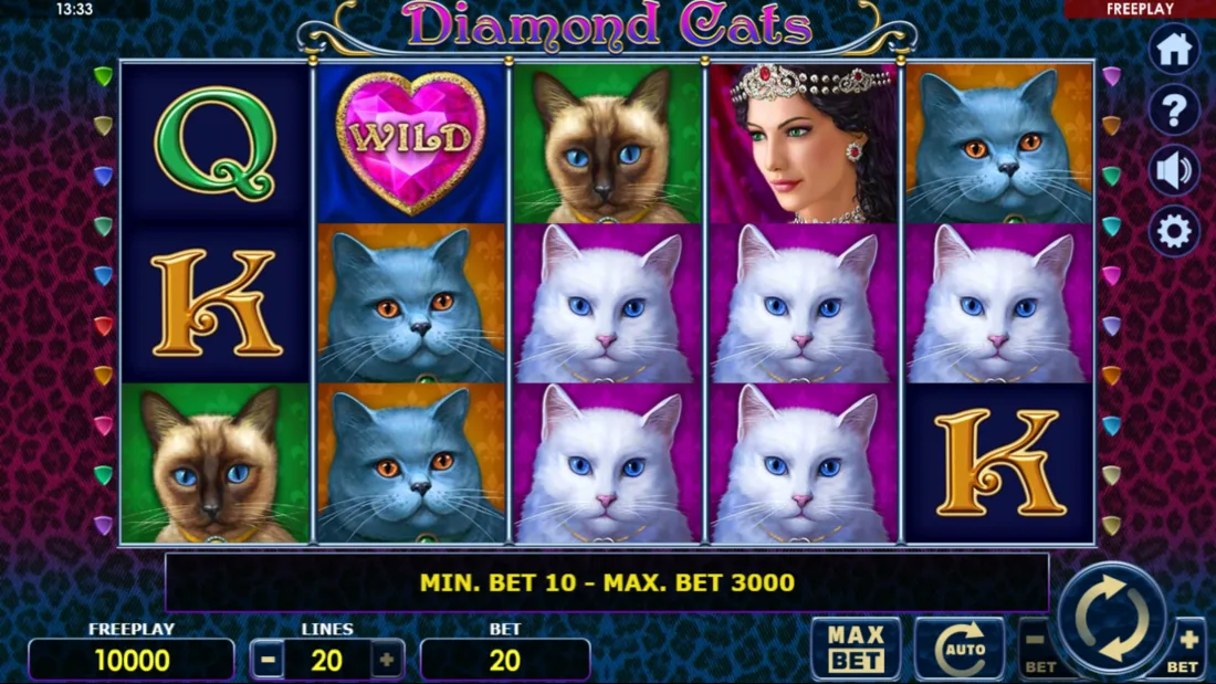 Diamond Cats — скриншот слота Amatic: поле 5×3 с котами и бриллиантами