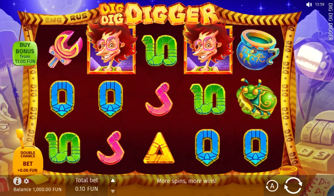 Dig Dig Digger — скриншот слота BGaming: поле 5×3 с археологом и золотыми лопатами