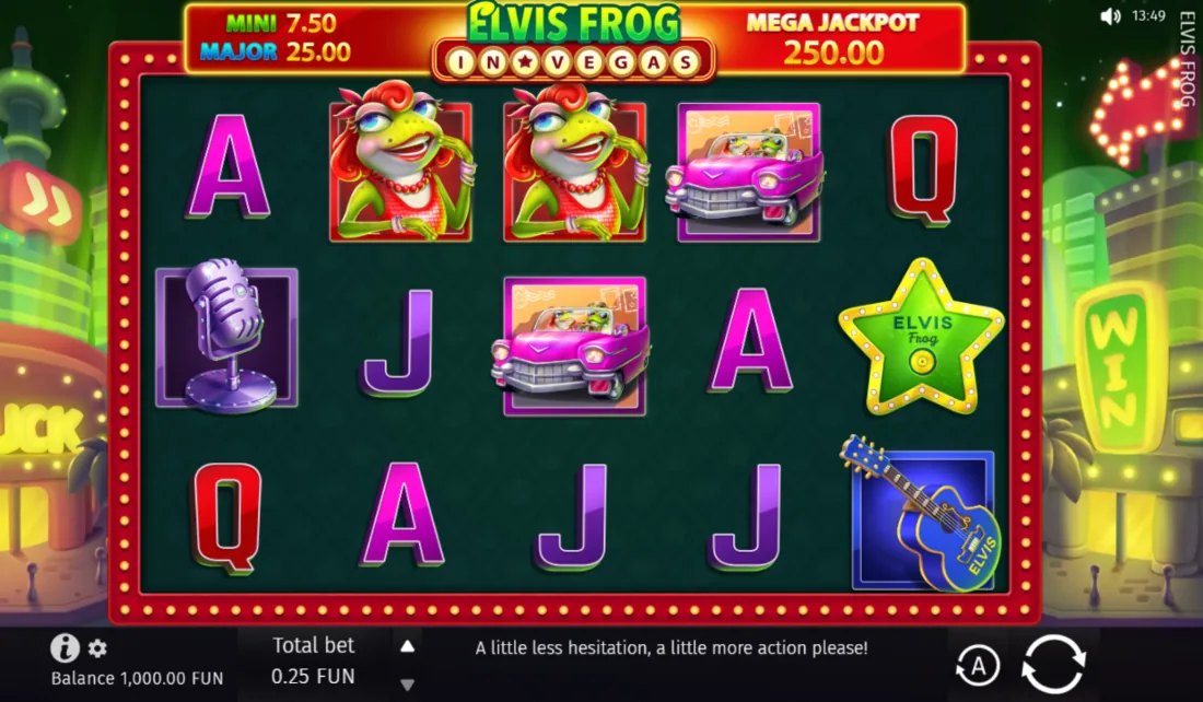 Elvis Frog in Vegas — скриншот слота BGaming: поле 5×3 с лягушкой-Элвисом и символами-монетами