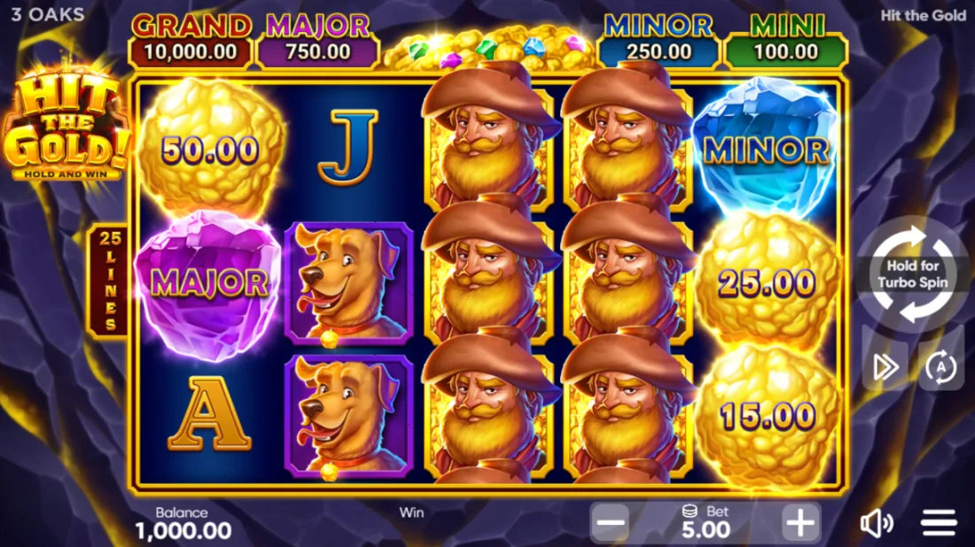 Hit the Gold — скриншот слота 3 Oaks Gaming: поле 5×4 с золотыми символами и Hold & Win