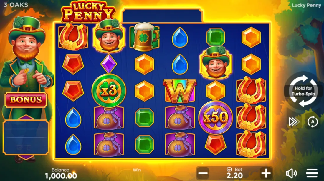 Lucky Penny — скриншот слота 3 Oaks Gaming: поле 6×5 с монетами и джекпотами