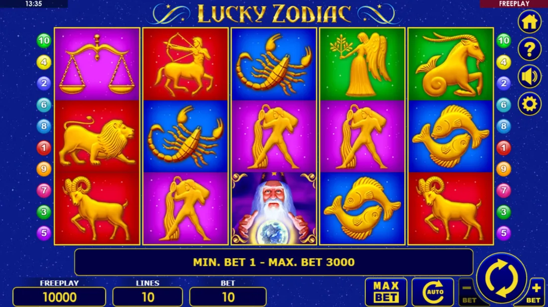 Lucky Zodiac — скриншот слота Amatic: поле 5×3 со знаками зодиака
