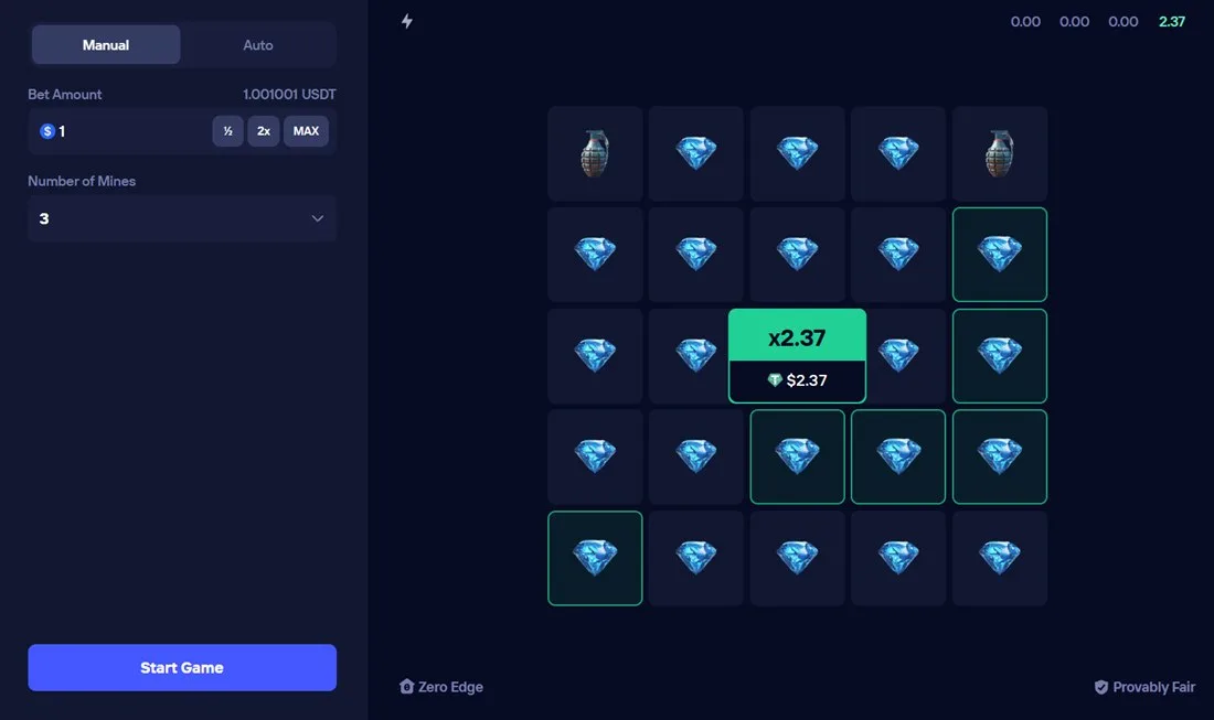 Игра Mines — поле из клеток с минами и множителем