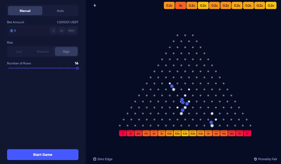 Игра Plinko — поле со штырьками и ячейками с множителями