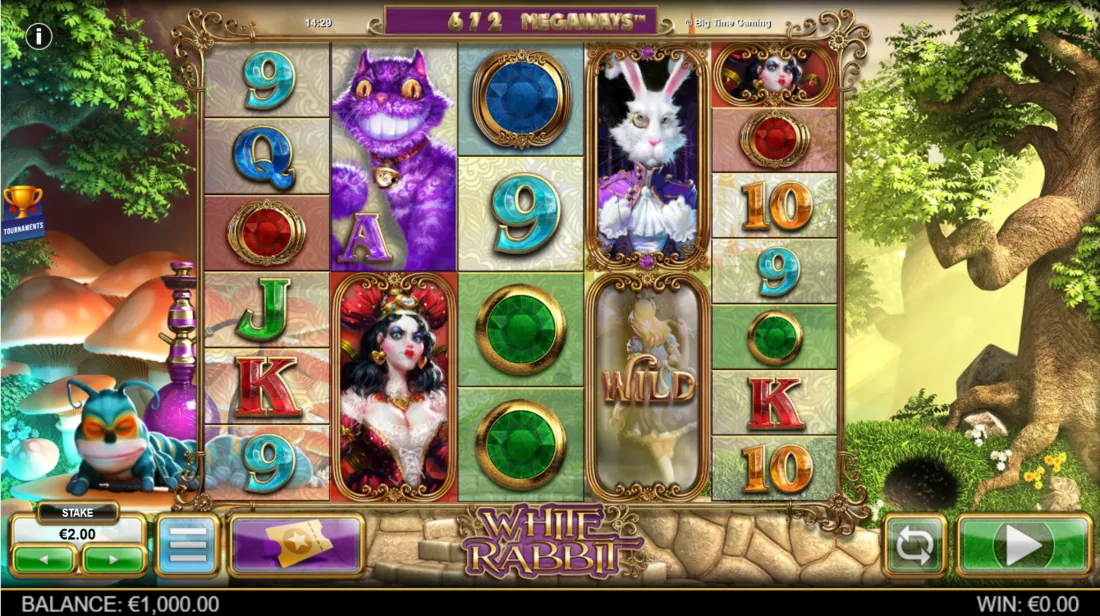 White Rabbit — скриншот слота Big Time Gaming: Megaways-поле по мотивам Алисы