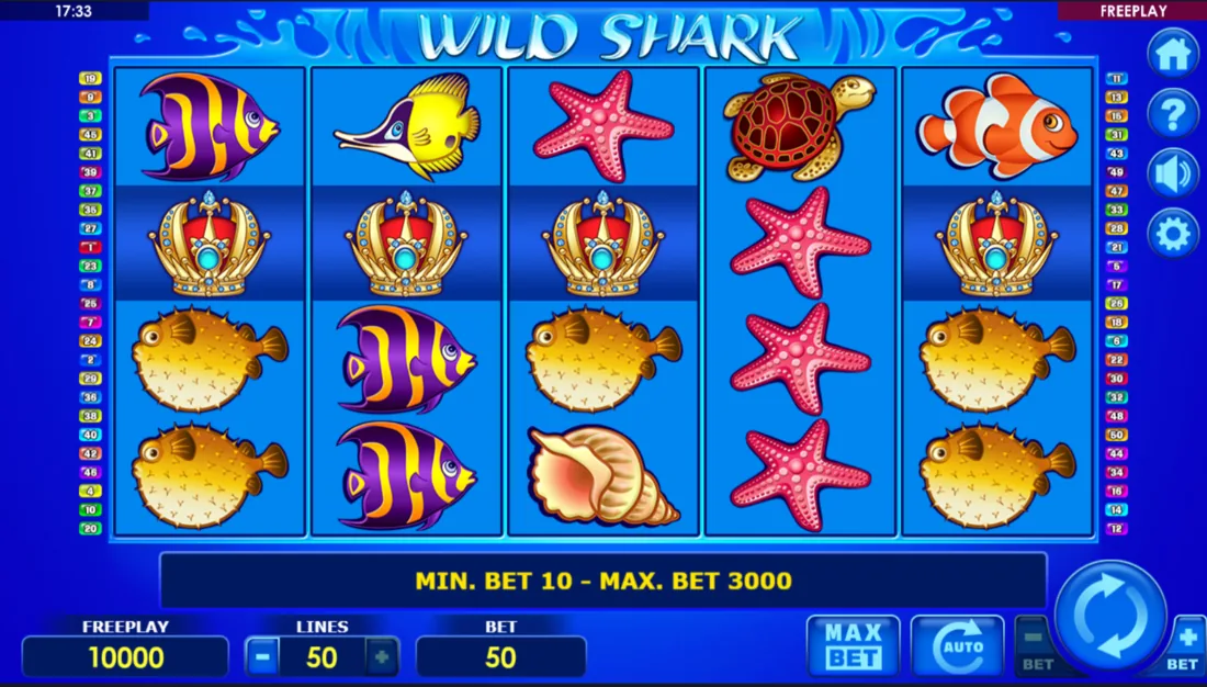 Wild Shark — скриншот слота Amatic: подводное поле 5×4 с акулой-вайлдом