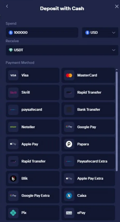 Список способов оплаты в разделе Deposit with Cash казино Duel: Visa, Mastercard, Skrill, Neteller, Apple Pay, Google Pay и другие