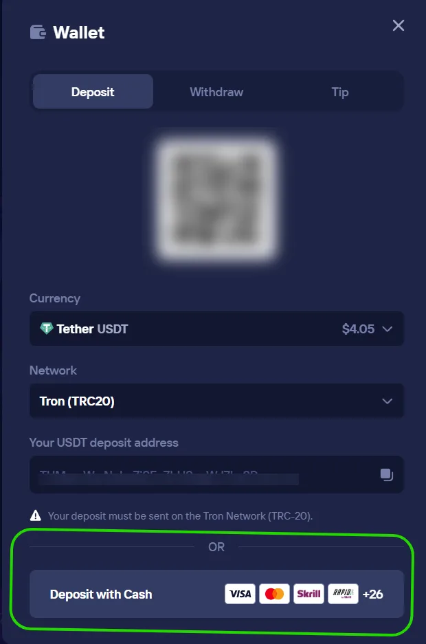 Касса Duel: депозит в USDT и новый блок «Deposit with Cash» с картами и кошельками